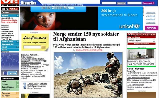 Forsida på VGs nettavis med ulike innholdtyper. Faksimile.