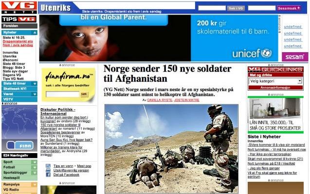 Framsida til VGs nettavis med tekst, bilete, lyd og video. Faksimile.