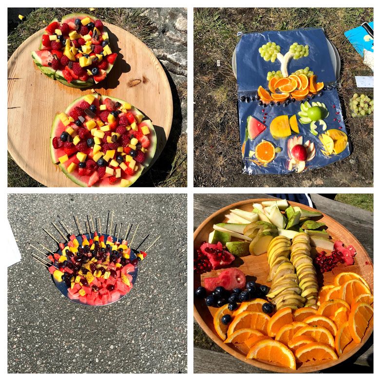 Fire bilder av fruktfat med ulike temaer. Foto.