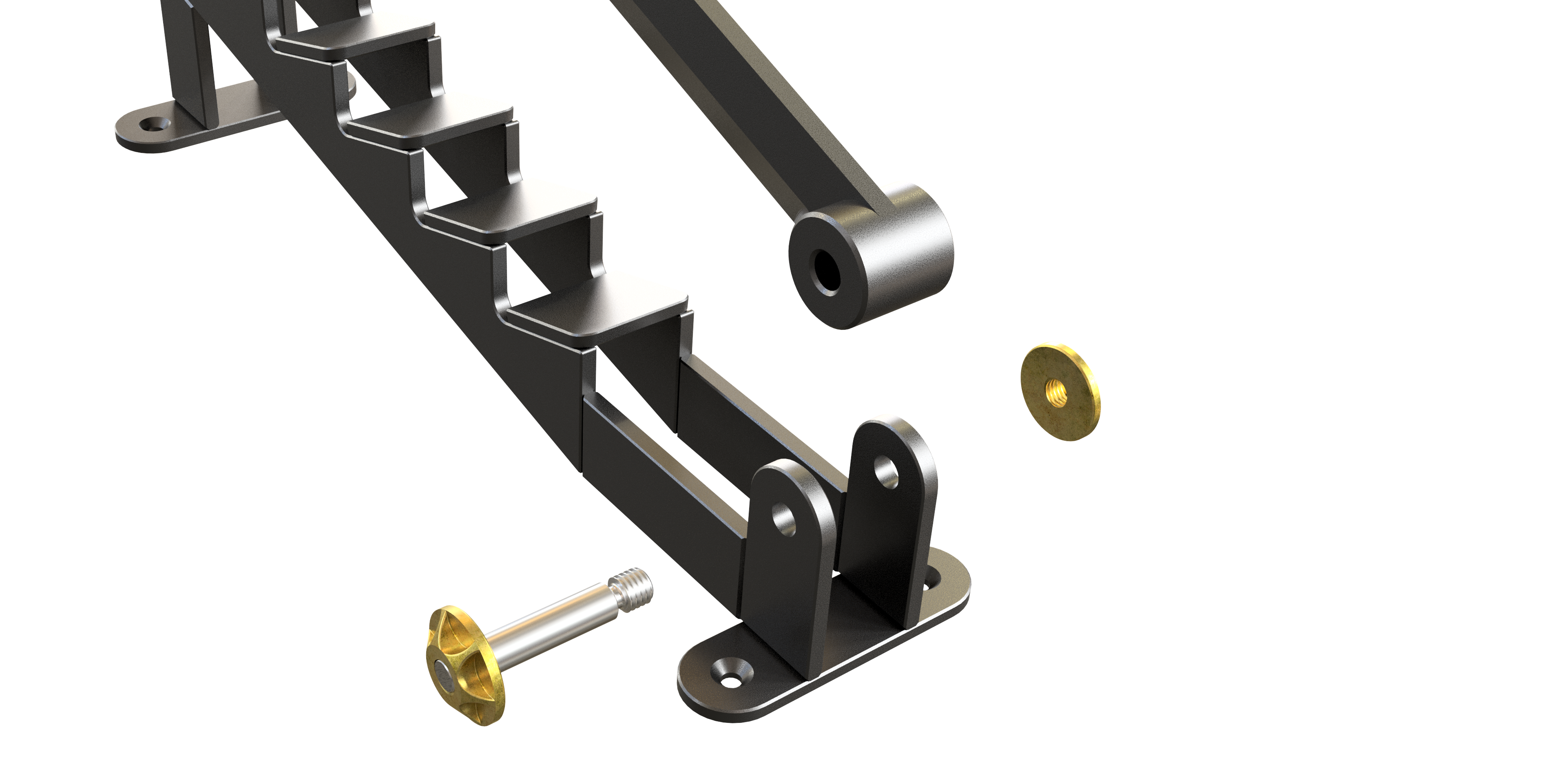 Saksforma verktøy med en del som ser ut som en kniv, og en del med mothaker. Delene er ikke montert sammen, og det er en sølvfarga aksling og to gullfarga muttere utenfor hullene for sammenkopling i den ellers mørke konstruksjonen. Illustrasjon.