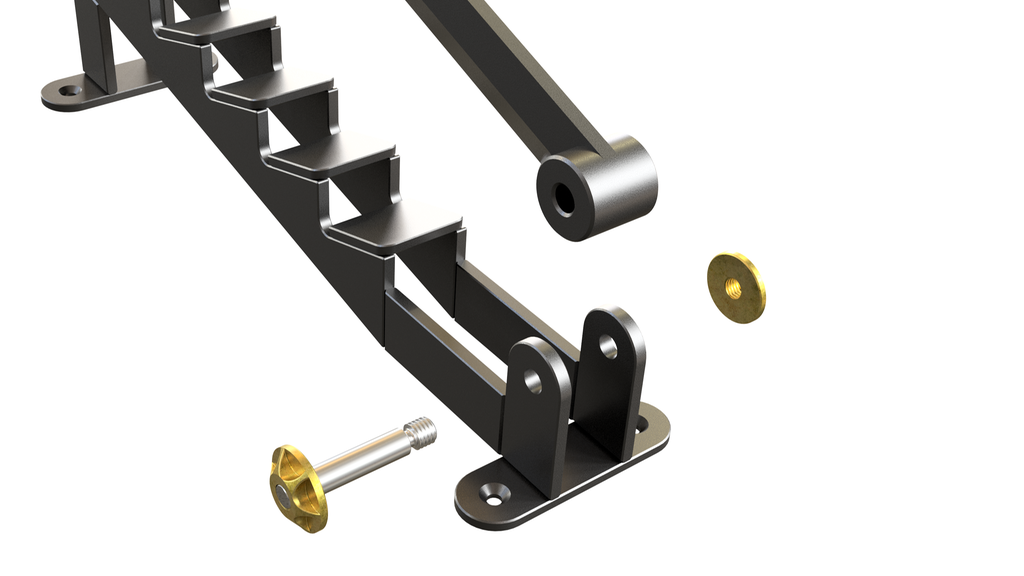 Saksforma verktøy med en del som ser ut som en kniv, og en del med mothaker. Delene er ikke montert sammen, og det er en sølvfarga aksling og to gullfarga muttere utenfor hullene for sammenkopling i den ellers mørke konstruksjonen. Illustrasjon.