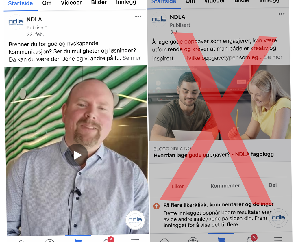 Rett og feil bruk av biletformat i sosiale medium. Eit ståande format er betre eigna enn eit liggjande format. Skjermdump.