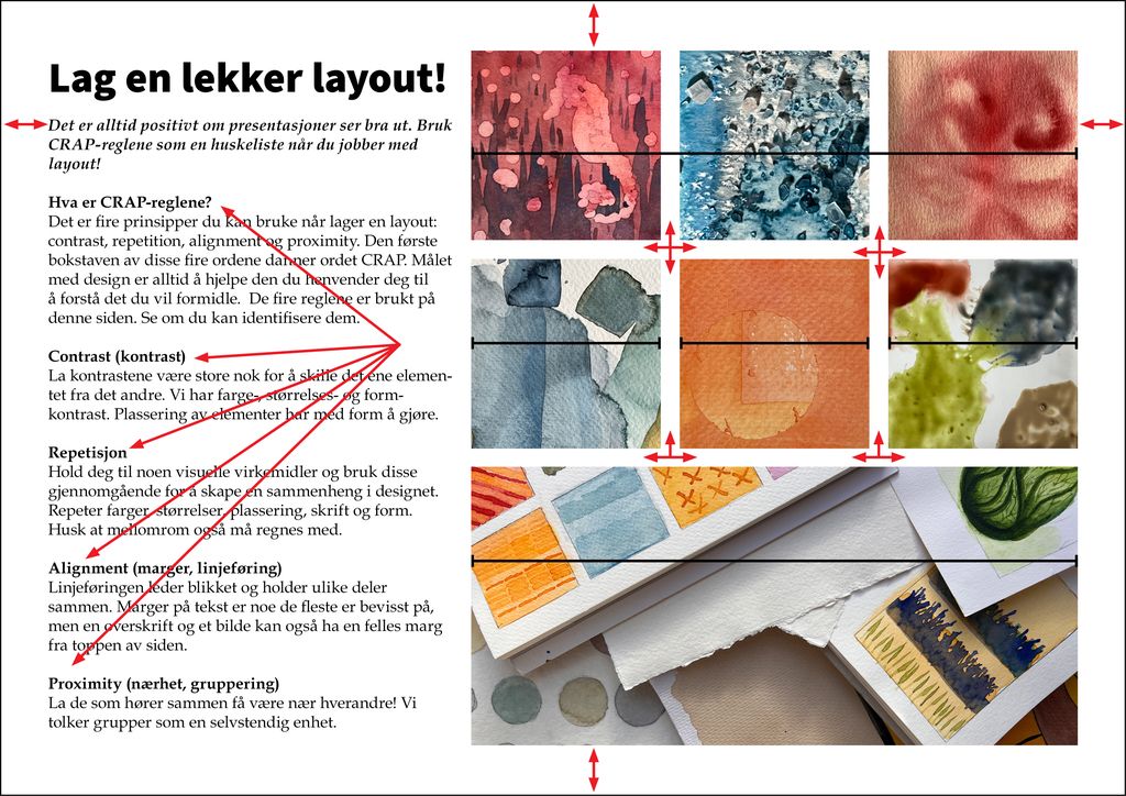 Plakat med tekst og bilder som eksempel på layout. Illustrasjon.