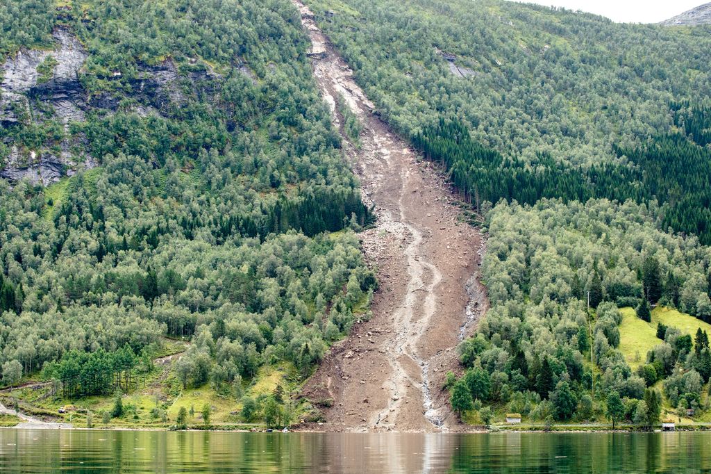 Jordras i ei skogkledd fjellside. Øvst der raset har gått, er bergrunnen synleg. Foto.