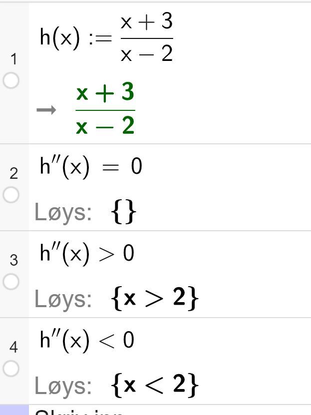 CAS-utrekning med GeoGebra. På linje 1 står det h av x kolon er lik parentes x pluss 3 parentes slutt dividert på parentes x minus 2 parentes slutt. Svaret er det same. På linje 2 står det h dobbeltderivert av x er lik 0. Svaret med "Løys" er ei tom mengde, altså ingenting. På linje 3 står det h dobbeltderivert av x større enn 0. Svaret med "Løys" er x er større enn 2. På linje 4 står det h dobbeltderivert av x mindre enn 0. Svaret med "Løys" er x er mindre enn 2. Skjermutklipp.