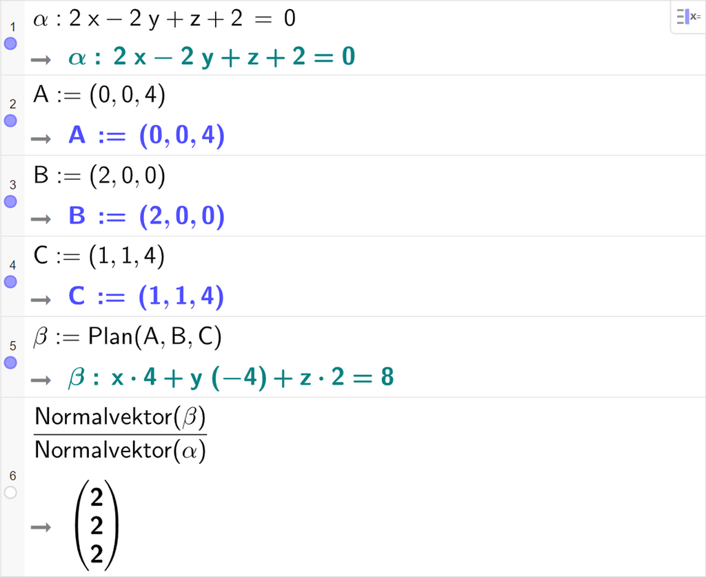 Skjermutklipp fra CAS-vinduet i GeoGebra. På linje 1 er alfa definert som 2 x minus 2 y pluss z pluss 2 er lik 0. På linje 2 er A definert med koordinatene 0, 0 og 4. På linje 3 er B definert med koordinatene 2, 0 og 0. På linje 4 er C definert med koordinatene 1, 1 og 4. På linje 5 er beta definert med kommandoen Plan med argumentene A, B og C. Svaret er beta kolon x multiplisert med 4 pluss y multiplisert med minus 4 pluss z multiplisert med 2 er lik 8. På linje 6 er Normalvektor av beta delt på Normalvektor av alfa regnet ut til koordinatene 2, 2 og 2. Skjermutklipp.