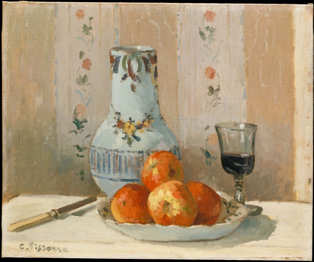 Maleri av epler, en vase og et glass på et bord. Illustrasjon.