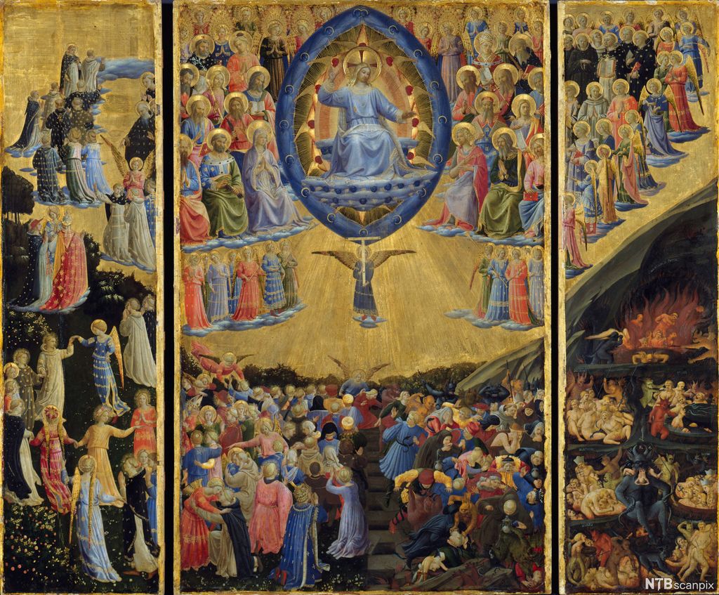 Maleri av Jesus som viser seg på himmelen med helgener og engler. En menneskemengde er samlet under. De føres til himmel eller helvete. Illustrasjon.