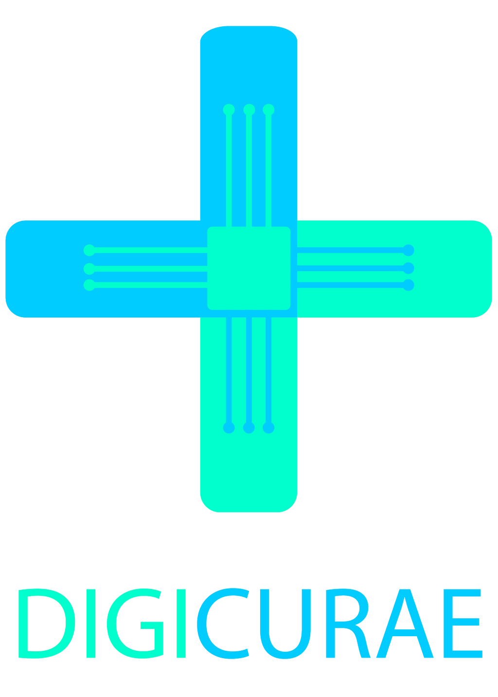 Logo utformet som et kryss med firmanavnet Digicurae under. Illustrasjon.