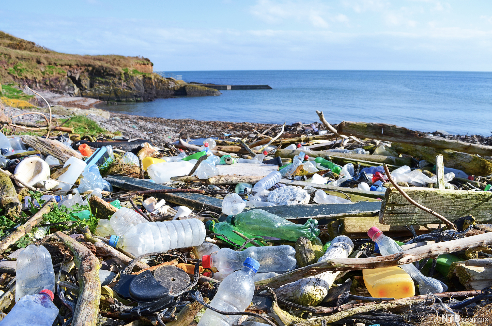 Plastflasker og annet søppel ligger strødd utover på ei strand. Foto.