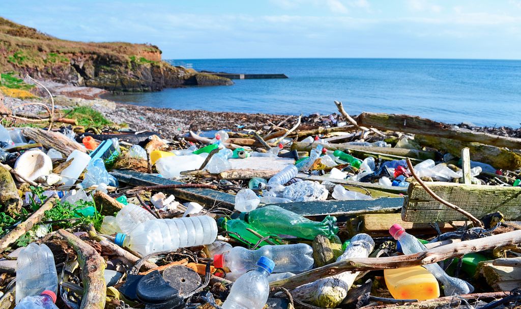 Plastflasker og annet søppel ligger strødd utover på ei strand. Foto.