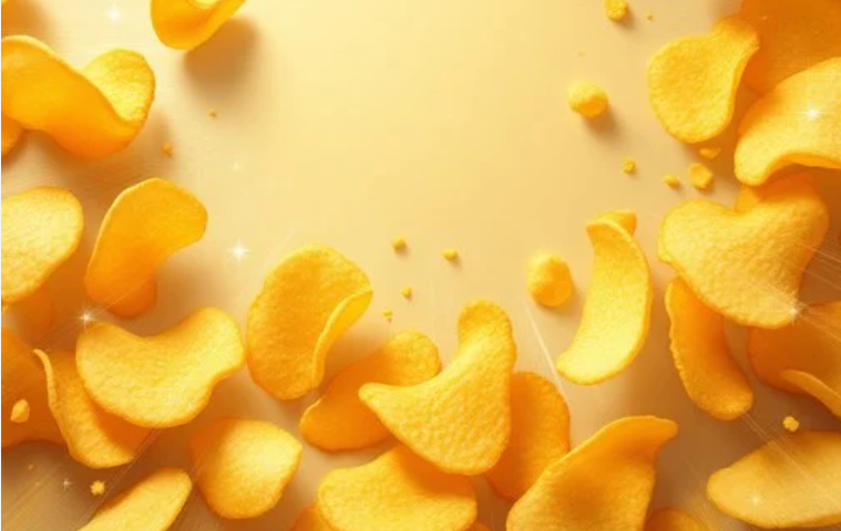 Flak av potetgull ligger strødd på et bord. Foto.