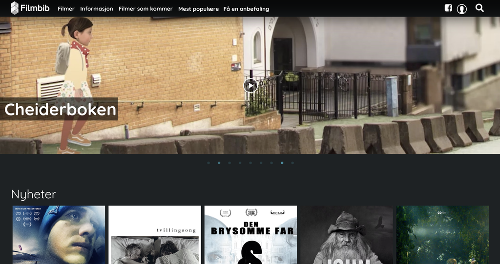 Skjermutklipp som viser framsida til filmtenesta Filmbib. Mange filmplakatar er lista opp på rad og rekke.