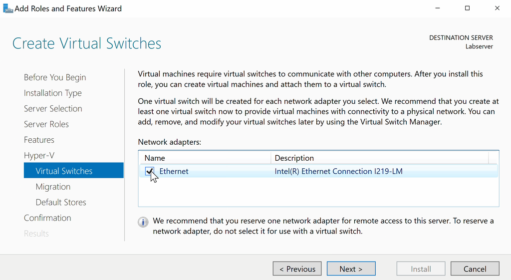 Skjermvindu merket "Create Virtual Switches" med ei liste med bare ett alternativ. Musepekeren er over avkrysningsruta for dette valget. Skjermbilde.