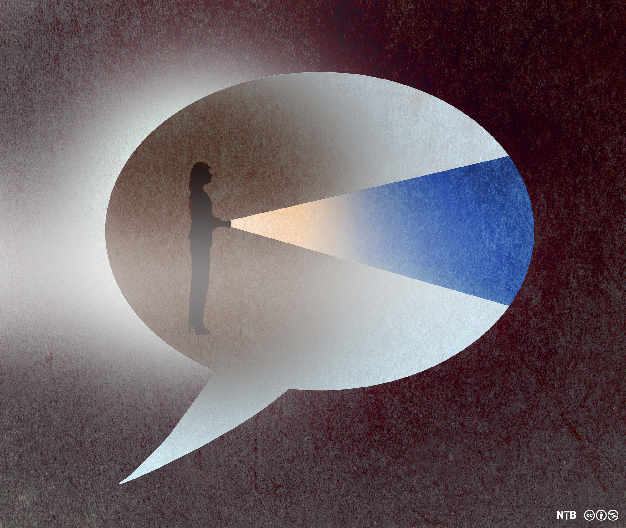 Kvinne med lommelykt i ei snakkeboble. Illustrasjon.