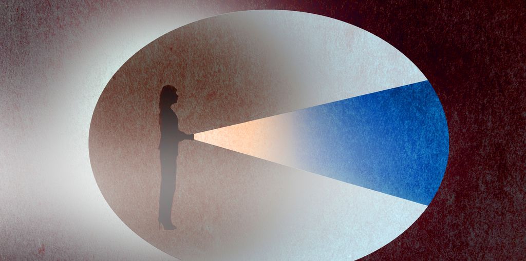 Kvinne med lommelykt i ei snakkeboble. Illustrasjon.