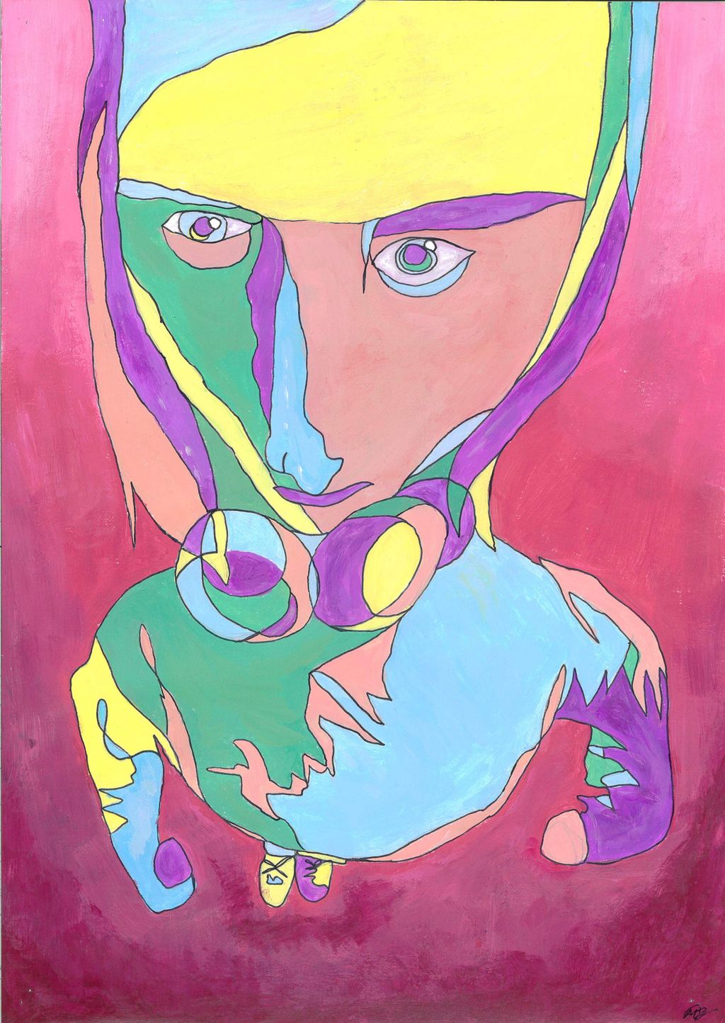 Portrett med ekspressiv fargebruk. Maleri med tegnet konturlinje.