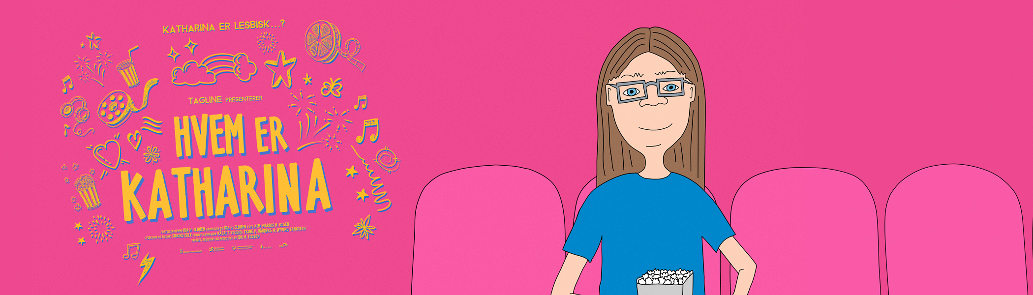 Jente med briller, blå genser og brunt hår sitter på kino og spiser popkorn. Rosa bakgrunn. Til venstre er filmtittelen Hvem er Katarina og spørsmålet "Katharina er lesbisk?". Illustrasjon.