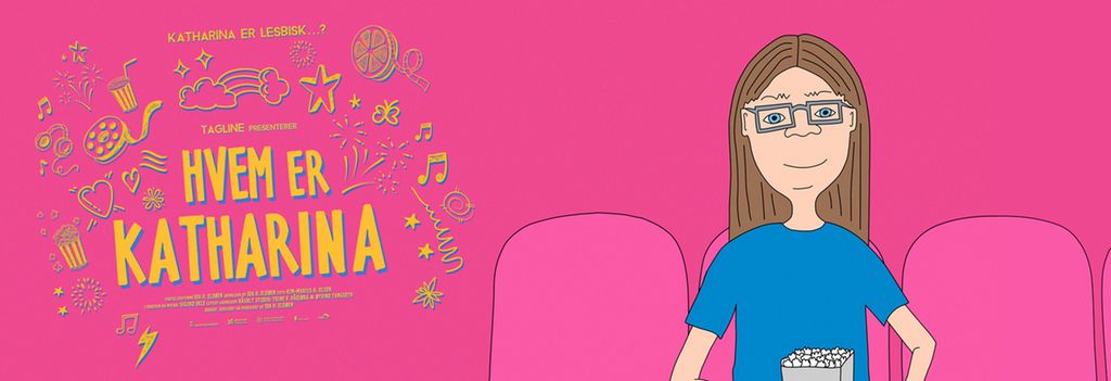 Jente med briller, blå genser og brunt hår sitter på kino og spiser popkorn. Rosa bakgrunn. Til venstre er filmtittelen Hvem er Katarina og spørsmålet "Katharina er lesbisk?". Illustrasjon.