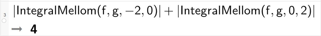Beregning i CAS, ei linje. Det står absoluttverditegn Integralmellom parentes f komma g komma minus 2 komma 0 parentes slutt absoluttverditegn slutt pluss absoluttverditegn IntegralMellom parentes f komma g komma 0 komma 2 parentes slutt absoluttverditegn slutt. Resultatet er 4. Skjermutklipp.