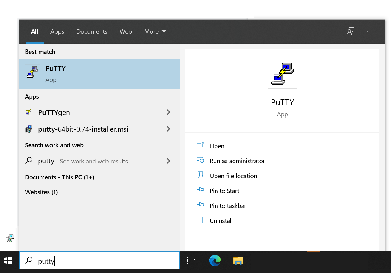 Startmeny i Windows med søkefelt som sier "putty". Skjermbilde