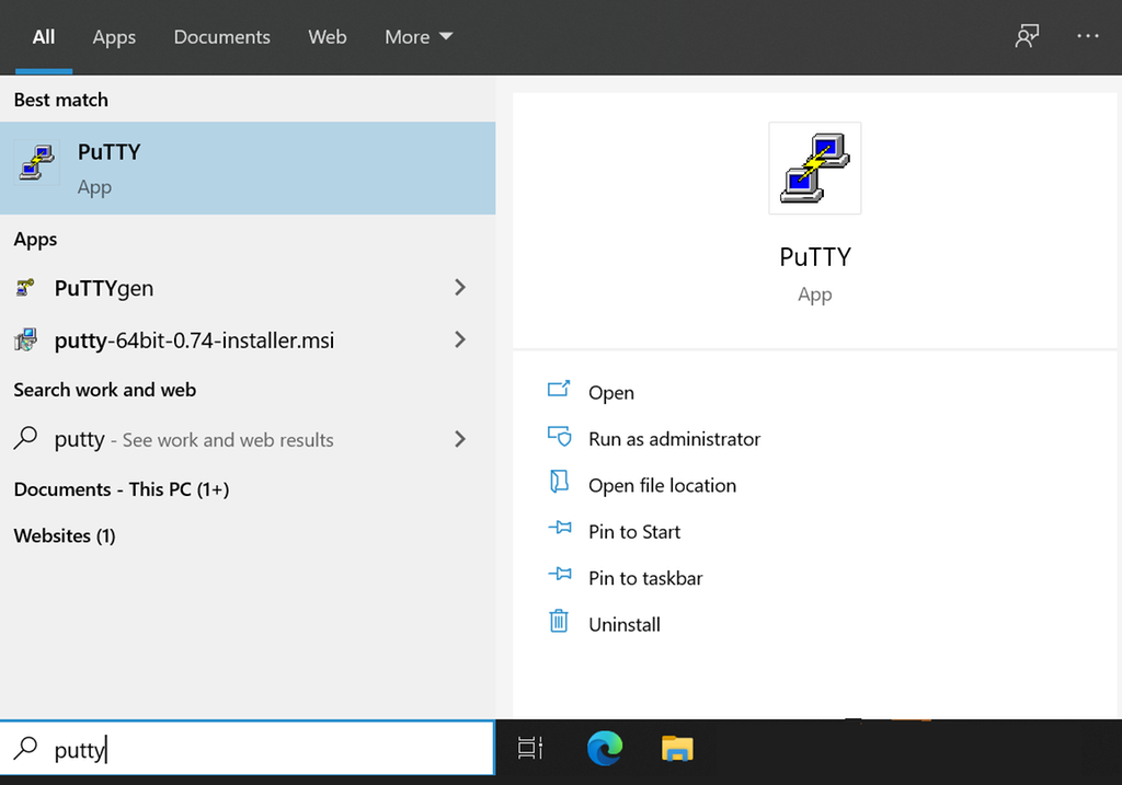 Startmeny i Windows med søkefelt som sier "putty". Skjermbilde
