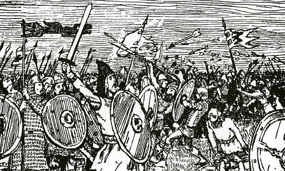 Tegning av soldater i strid med sverd, spyd og skjold. En mann med hevet sverd og skjold sees i front. 