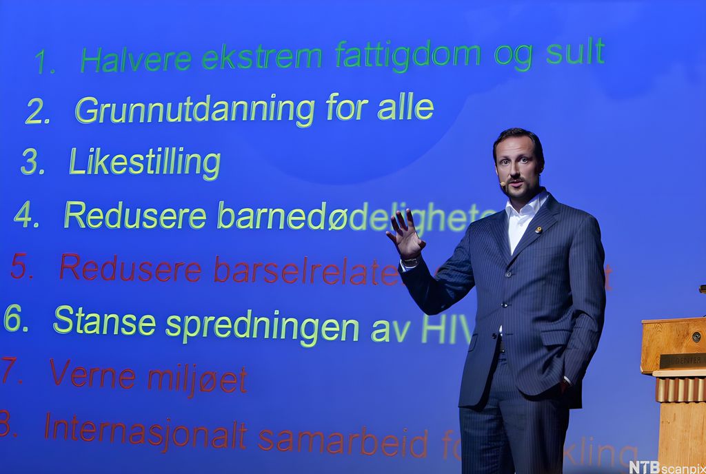 Kronprins Haakon holder foredrag om tusenårsmålene. Foto.