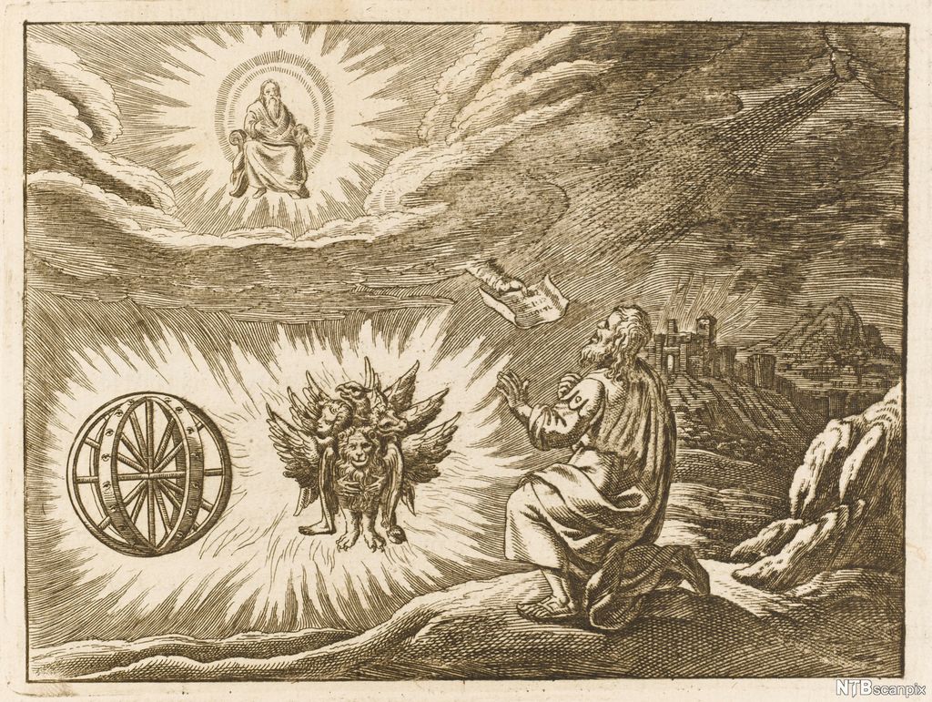Mann ser Gud på himmelen, ein rund hjul-liknande ting og eit vesen med fire hovud og vengjer. Koparstikk.