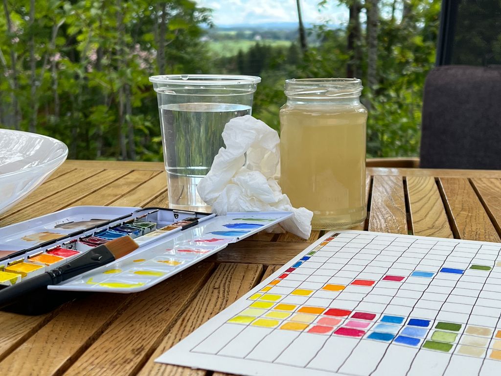 Akvarellskrin, pensel, vannglass og papir. Foto.