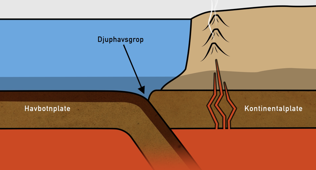 Ei havbotnplate og ei kontinentalplate kolliderer. Havbotnplata blir pressa ned og under kontinentalplata. I kollisjonssonen oppstår ei djuphavsgrop. Litt inne på kontinentalplata oppstår vulkanisme på grunn av havbotnplata som blir pressa ned i magmaen under kontinentalplata. Illustrasjon. 