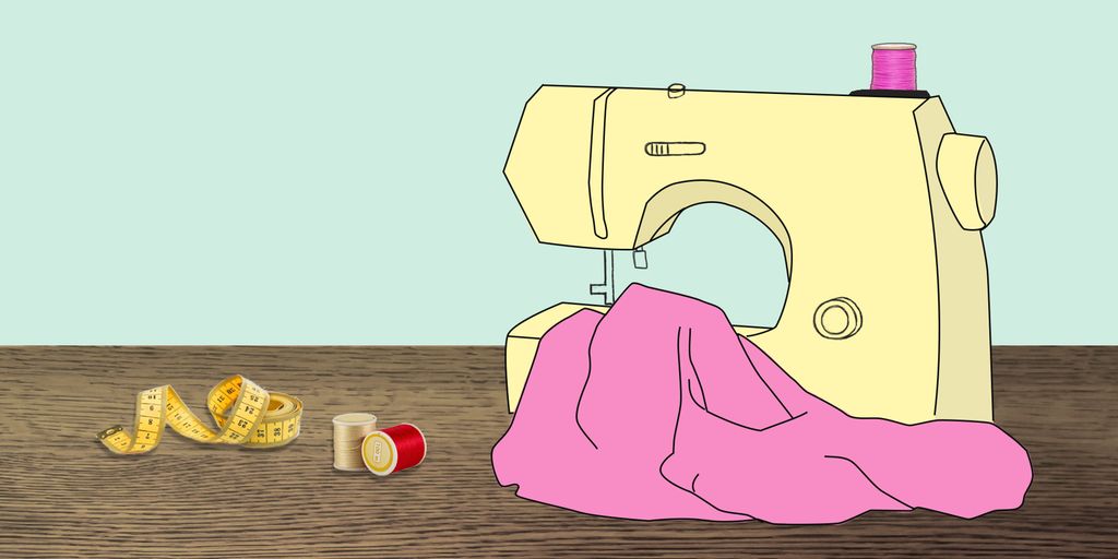 Symaskin med rosa tekstil. Illustrasjon.