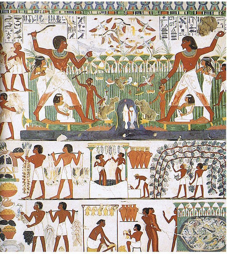 Tre rekker med en mengde mennesker som utfører ulike arbeidsoppgaver. Noen er malt store, andre små. Det er brukt friske farger. På veggen bak noen av scenene er det hieroglyfer. Illustrasjon.