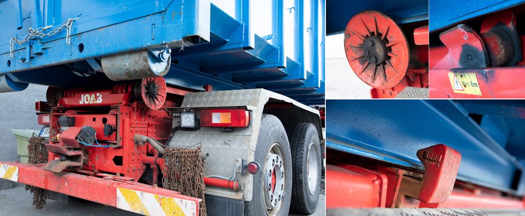 Fire bilder viser baksiden på en krokbil og låsemekanismen til en konteiner på nært hold. Foto.