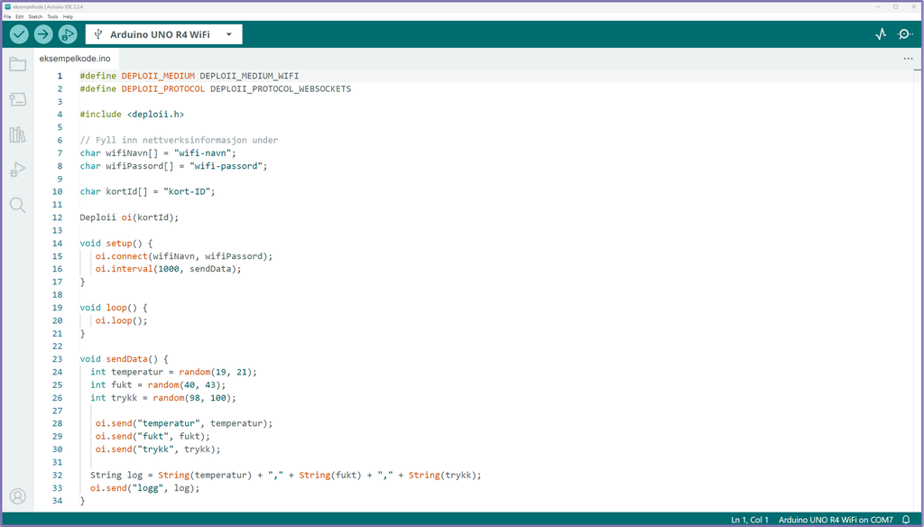 Skjermbilde av en programkode i Arduino IDE. Skjermutklipp.