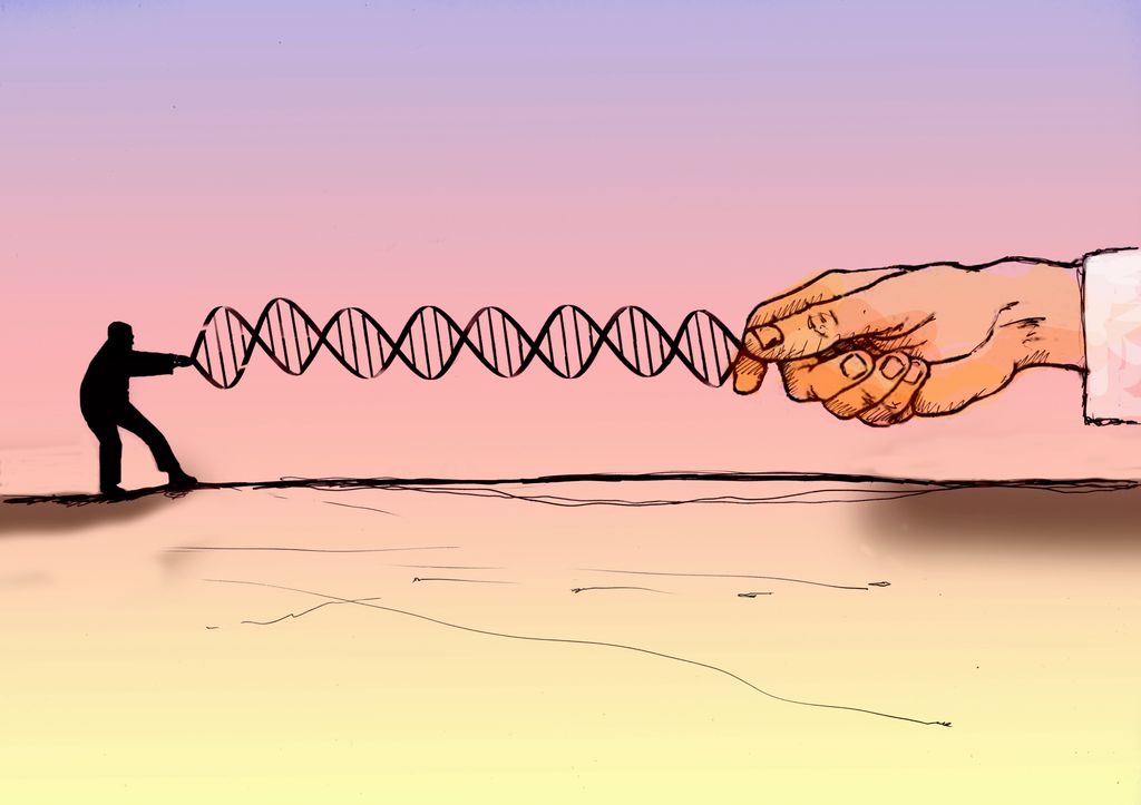 Mann som sliter med å trekke DNA-dobbeltheliks fra en stor hånd. Illustrasjon.