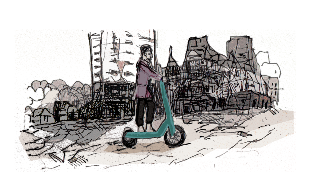 En person på elsparkesykkel i et bymiljø. Illustrasjon.