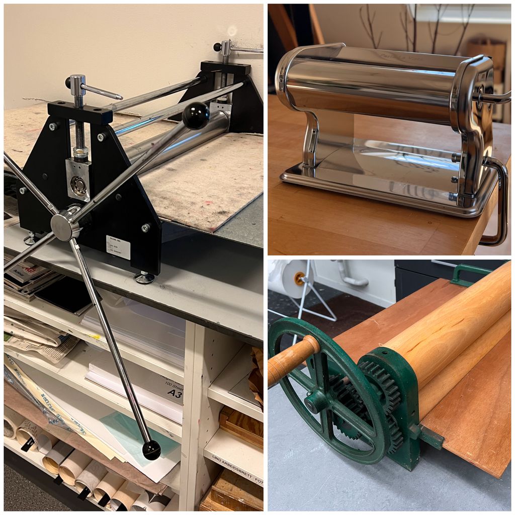 Kollasj med trykkpresse, pastamaskin og klesrulle. Foto.