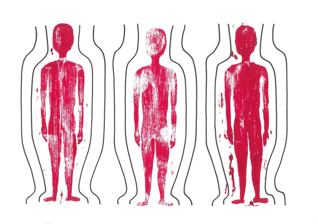 Gjentaking av silhuett og linjer. Trykk og penneteikning.