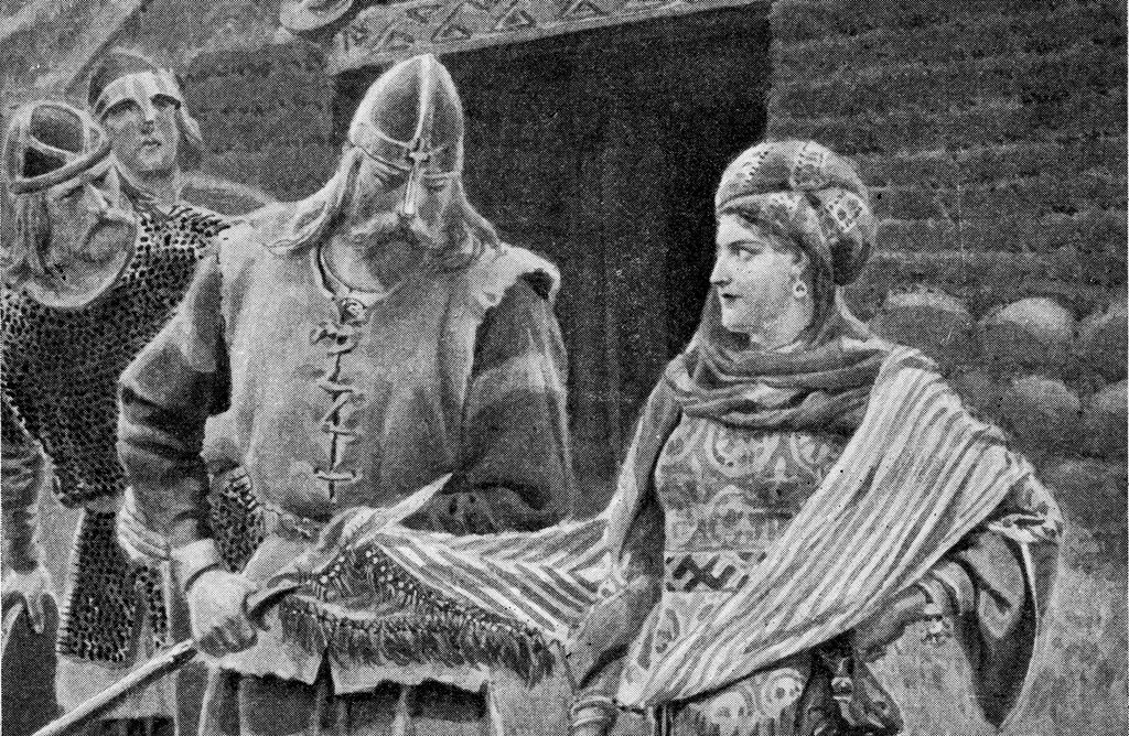 Vikingkvinne smiler til viking med spyd i hånda. Gammel illustrasjon.