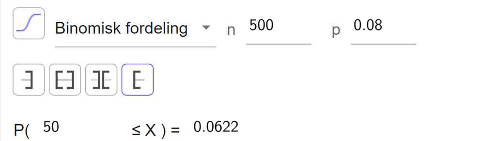 I sannsynlighetskalkulatoren i GeoGebra er det valgt binomisk fordeling med n lik 500 og p lik 0,08. Høyresidig sannsynlighet er valgt. Resultatet er at sannsynligheten for at X er større enn eller lik 50, er lik 0,0622. Skjermutklipp.