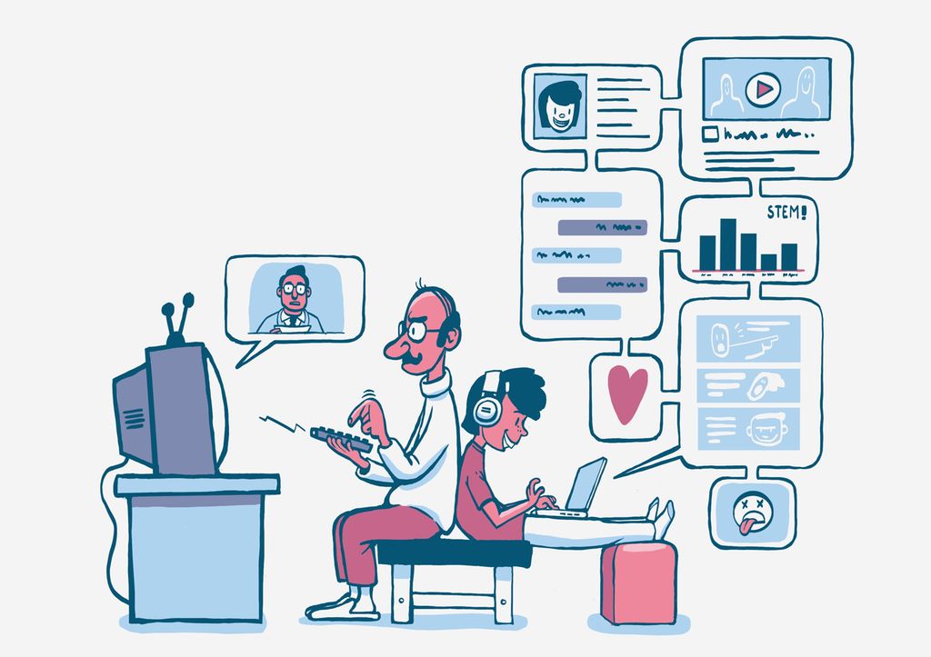 En person ser på en TV-skjerm. En annen person er på bærbar PC og får mange valg. Illustrasjon.