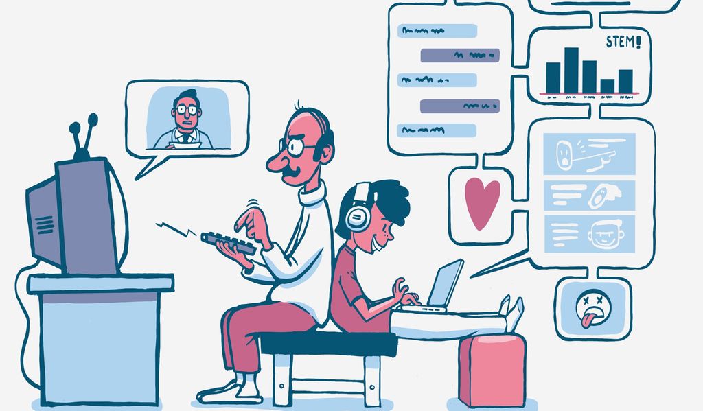 En voksen mann ser på en gammeldags tv-skjerm og taster på fjernkontrollen. En ung gutt med hodetelefoner på jobber på en bærbar pc som han bruker til å chatte, skrive innlegg, finne informasjon og delta i avstemninger. Illustrasjon.
