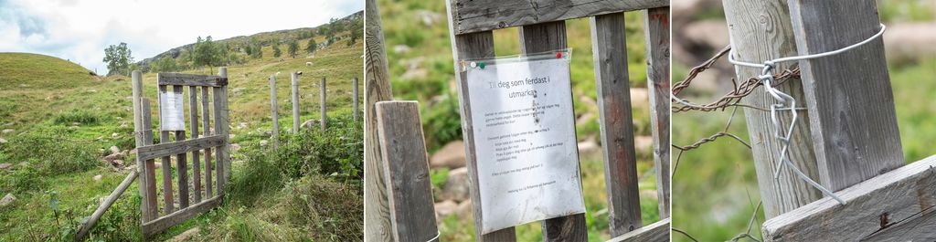 Bilder som viser et gjerde med ei grind. På grinda henger det en plakat med råd til den som skal ferdes i utmarka. Foto.