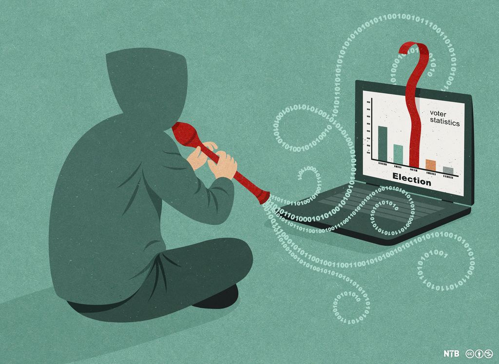 Illustrasjon som symboliserer hvordan valg og valgkamper kan manipuleres gjennom spredning av falsk informasjon og propaganda på nettet. Illustrasjonen viser en ung mann i hettegenser som sitter med beina i kors og spiller på ei fløyte. Instrumentet kan minne om fløyta til en indisk slangetemmer. Den unge mannen sitter foran en PC-skjerm som viser et stolpediagram over valgoppslutningen for ulike partier. Ut av fløyta hans strømmer det ikke toner, men lange kjeder av binære tallrekker. En av stolpene i statistikken har begynt å vokse seg større enn de andre. Den beveger seg på samme måte som en indisk kobra. 