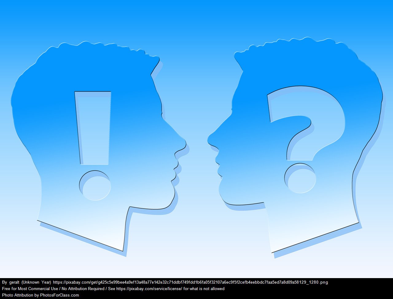 Profile of two heads, one has a large exclamation point, the other a question mark. Illustration.