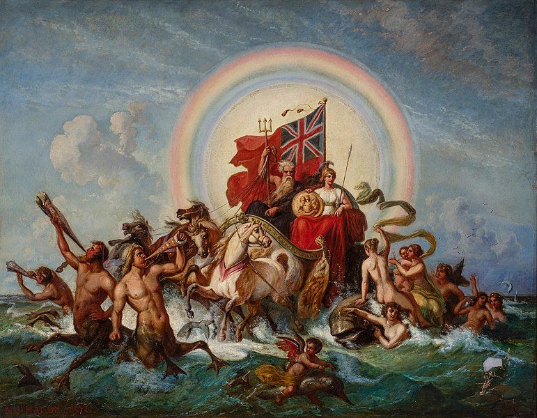 A horse-drawn chariot in the ocean. It is surrounded by strange centaur like men with wading feet blowing horns, a cherub riding a dolphin, naked and almost naked women sitting on a large fish. In the carriage is Britannia and Neptune. Behind them is a red flag with the British flag in one corner. The sky is blue with white clouds and there is a sun surrounded by a rainbow. Painting.