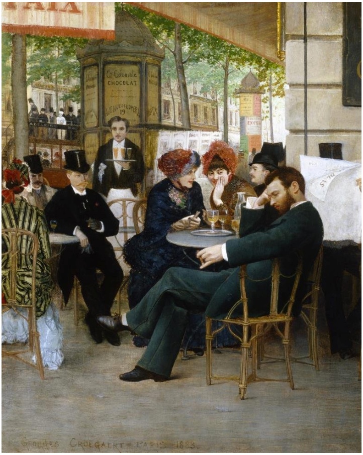 Painting: Scene from a cafe. We see a bearded man dressed in a dark suit and white shirt. He is sitting in a cafe. Behind him we see two women talking while they look at him. A man in the background also looks at him. There are other diners and a waiter. 