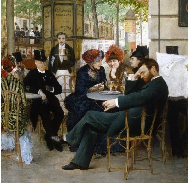 Painting: Scene from a cafe. We see a bearded man dressed in a dark suit and white shirt. He is sitting in a cafe. Behind him we see two women talking while they look at him. A man in the background also looks at him. There are other diners and a waiter.