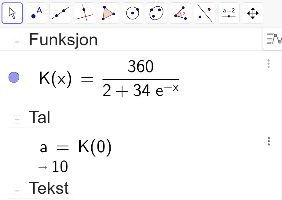 I algebrafeltet i GeoGebra er det skrive inn K av x er lik 360 delt på parentes 2 pluss 34 ganger e opphøgd i minus x parentes slutt. I linja under står det a er lik K av 0 er lik 10. Skjermutklipp.